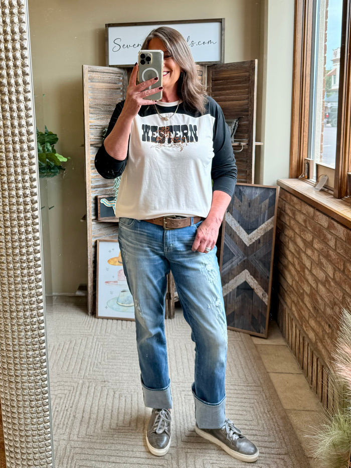 Long sleeve western T-shirt with white body and dark raglan sleeves, front logo