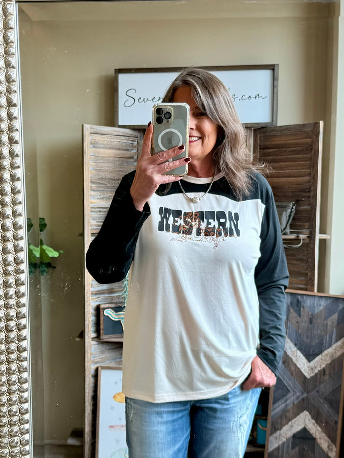 Long sleeve baseball T-shirt, white body with dark sleeves and western graphic