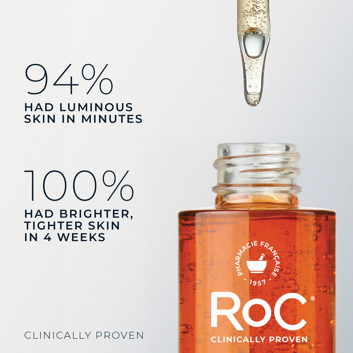 Stylized image of Revive + Glow Daily Serum bottle with dropper and the caption "94% had instant luminosity and 100% had visibly brighter, tighter skin in 4 weeks"
clinically proven
