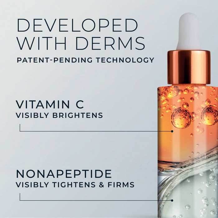 Revive + glow daily serum bottle
developed with derms
patent-pending technology
vitamin c visibly brightens
nonapetitde visibly tightens & firms