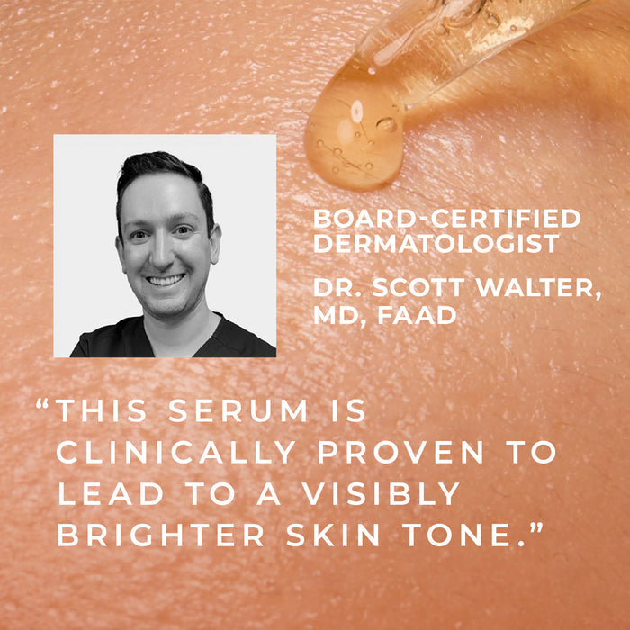 Photo of Board-Certified Dermatologist Dr. Sctt Walter, MD, FAAD with quote "This  serum is clinically proven to lead to a visibly brighter skin tone."