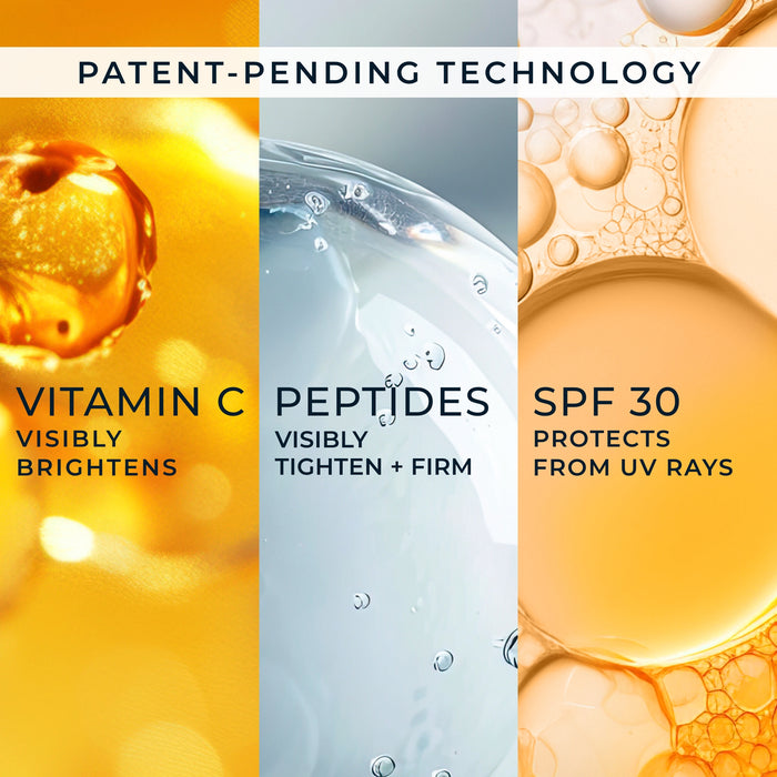 patent-pending technology
vitamin c visibly brightens
peptides visibly tighten + firm
spf 30 protects from uv rays