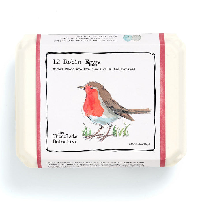 Pack of chocolate eggs with a robin illustration on a white background