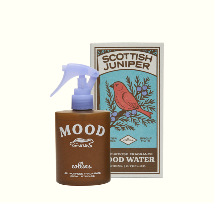 Mood Water Scottish Juniper all-purpose fragrance spray with illustrated bird-and-juniper box, water-based home and fabric scent in minimalist vintage-style packaging.