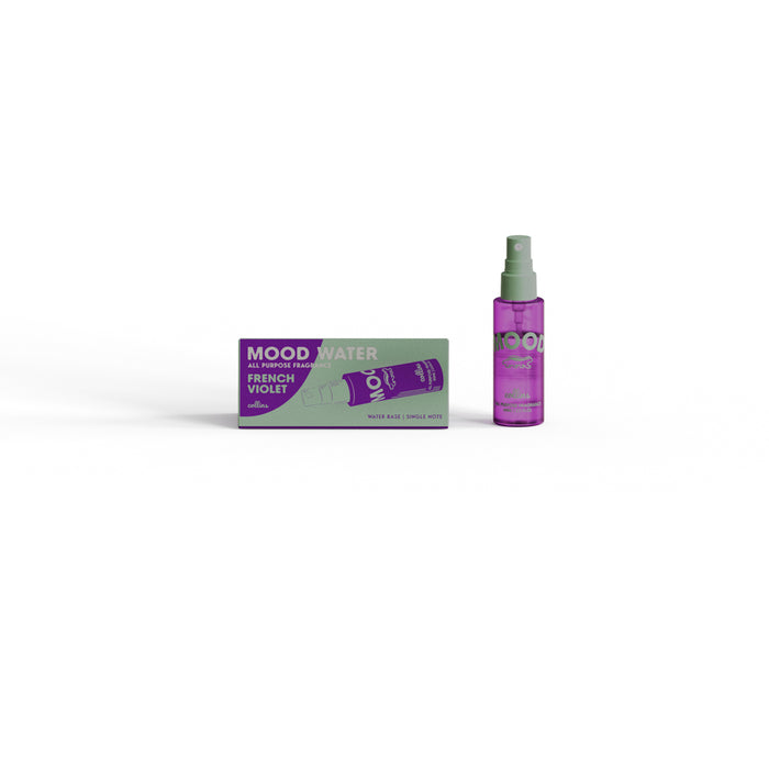 Mood Water French Violet all-purpose fragrance spray with matching box, minimalist water-based room and fabric scent product on a clean white background.