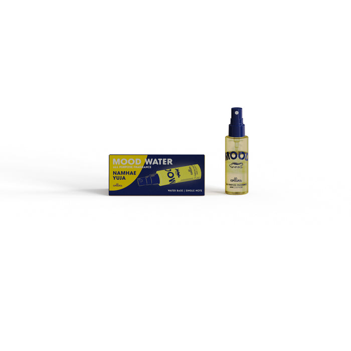 Mood Water Namhae Yuja all-purpose fragrance spray with matching box, minimalist water-based room and fabric scent product on a clean white background.