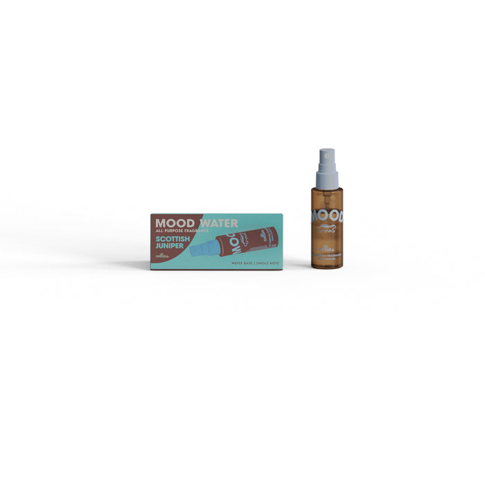 Mood Water Scottish Juniper all-purpose fragrance spray with matching box, minimalist water-based room and fabric scent product on a clean white background.