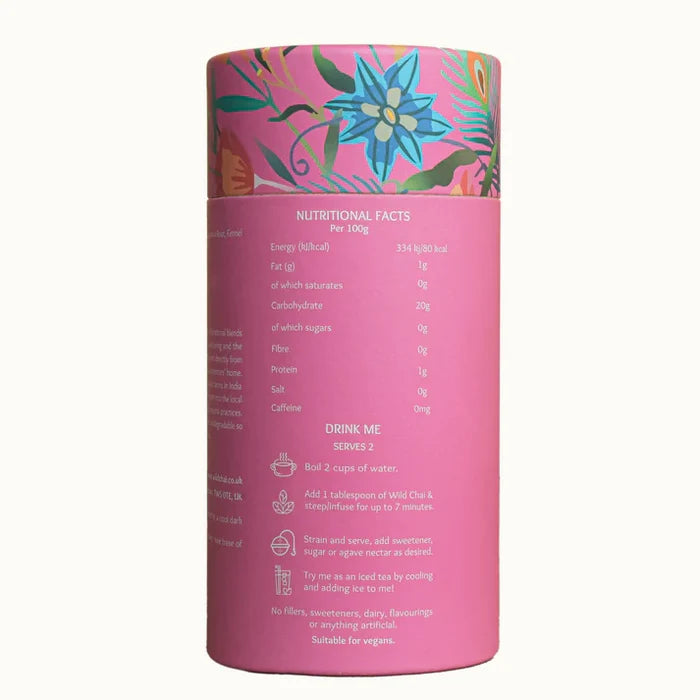 Pink cylindrical container with floral design on lid and nutritional facts label on a white background