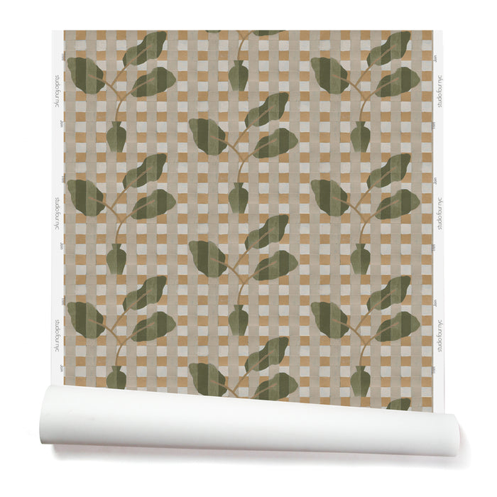 Wallpaper roll with a complex two tone olive green stripe floral motif overlayed a white and tan plaid pattern.