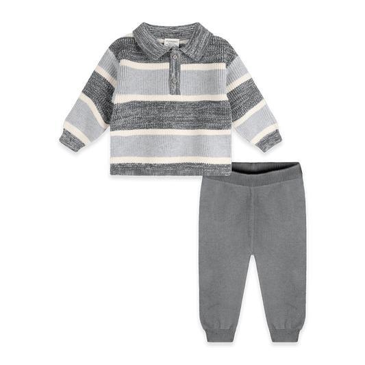 Rugby Stripe Polo Knit Baby Pullover and Pants Set, Organic Cotton