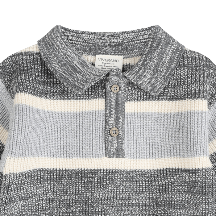 Organic Cotton Rugby Stripe Polo Knit Baby Pullover and Pants Set, Detail