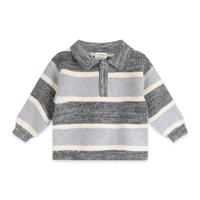 Organic Cotton Rugby Stripe Polo Knit Baby Pullover and Pants Set, Front