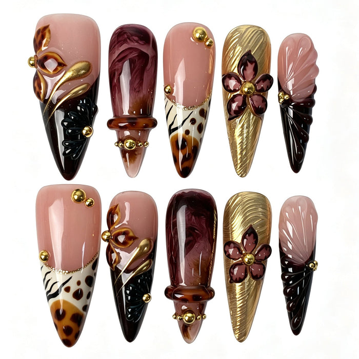 Sable Petal vintage tortoiseshell stiletto press‑on nails autumn animal print manicure