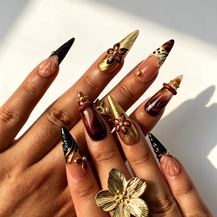 3D flower gold detail autumn press‑on nails Sable Petal close‑up