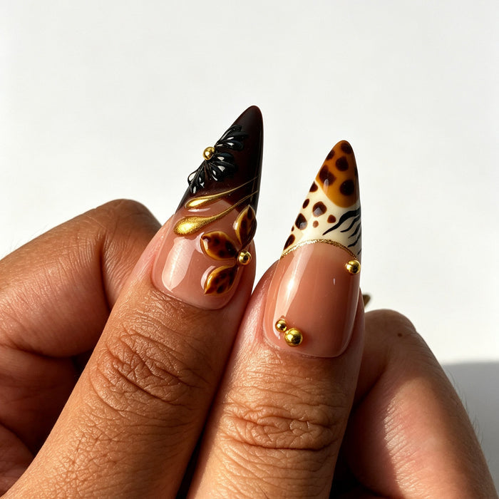 Tortoiseshell leopard‑zebra print long stiletto press‑on nails detail
