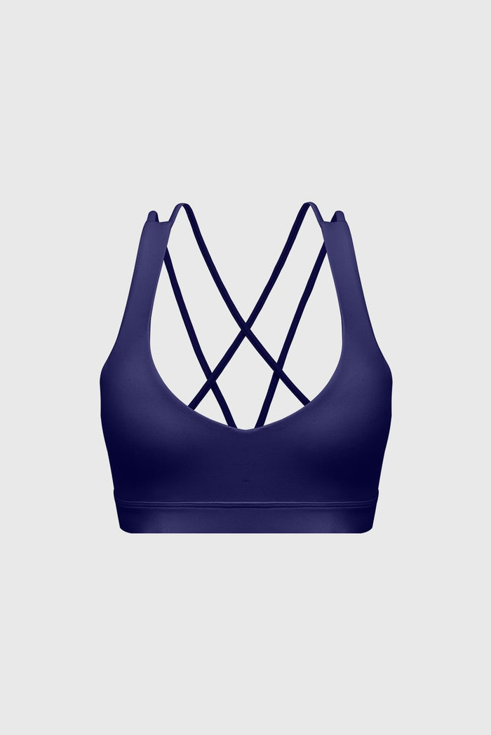 Scoop Neck Crossback Bra | Midnight Blue sports bra featuring a strappy criss-cross back and scoop neckline | WISKII Active