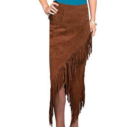 Brown suede fringed skirt with asymmetrical hem and front slit