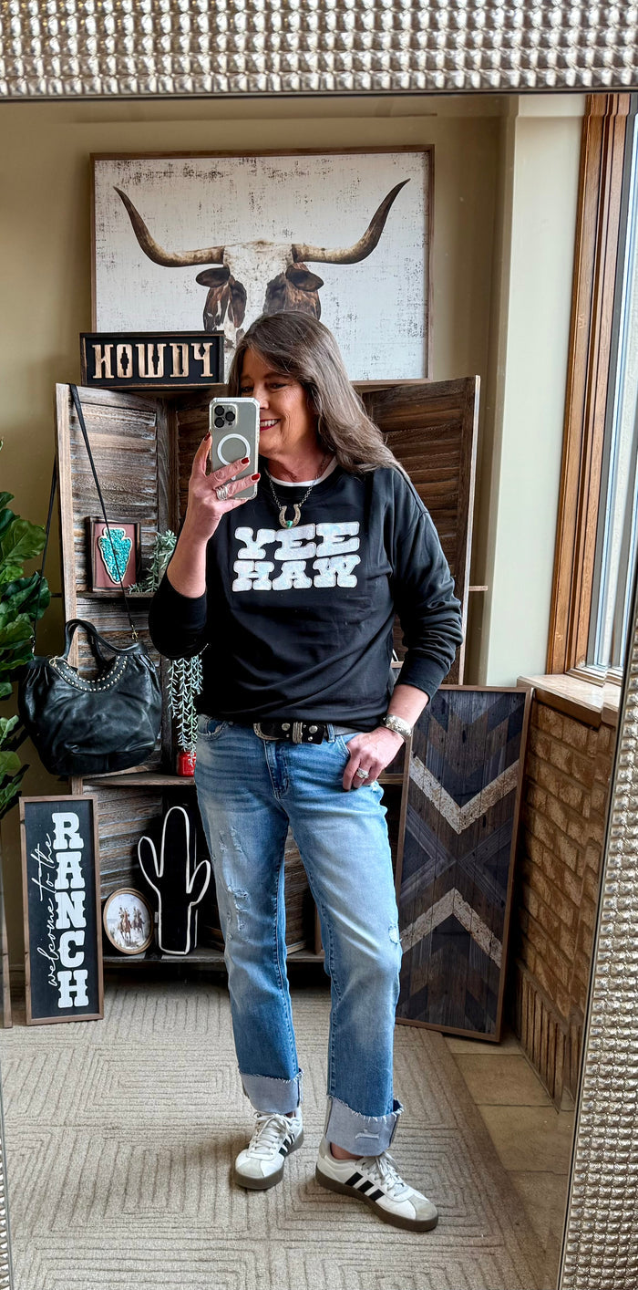 Black sequined Yee Haw graphic sweatshirt with crew neck