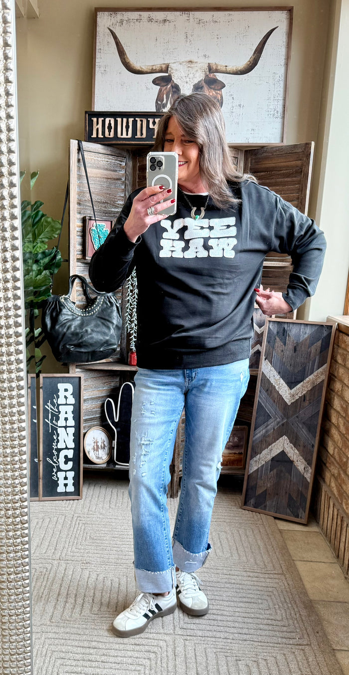 Black sequined Yee Haw graphic sweatshirt, long sleeves