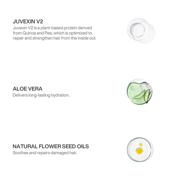 GK Hair Shield Additive+ ingredient panel: Juvexin V2 quinoa-and-pea protein, aloe vera hydration, natural flower seed oils