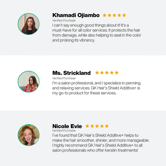 Three five-star salon-pro reviews of GK Hair Shield Additive+: color sealing, damage protection, smoother shinier hair