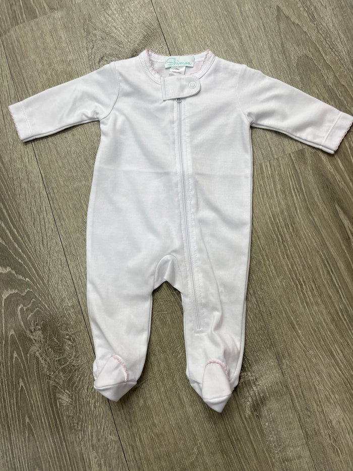 Shimoa White w/ Pink Picot Edge Zipper Footie