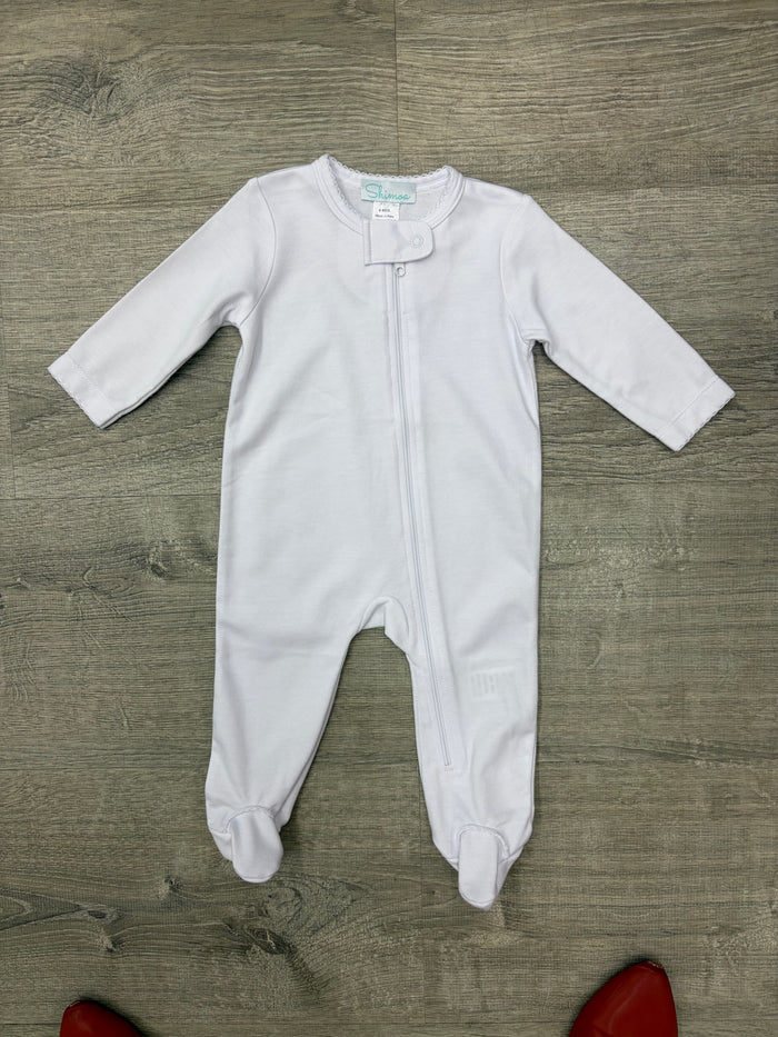 Shimoa White Zipper Footie w/ Picot Edge