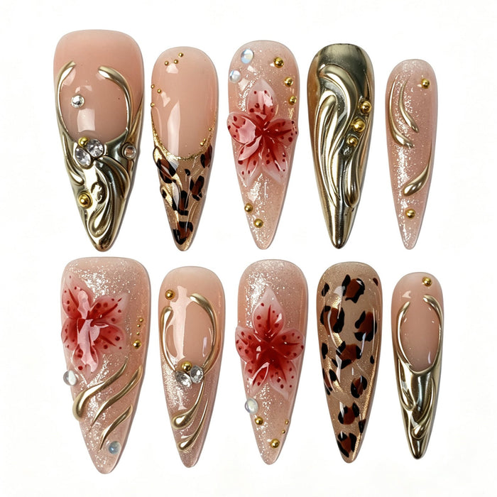 Silver Panther glam stiletto press‑on nails leopard print 3D metal relief party nails