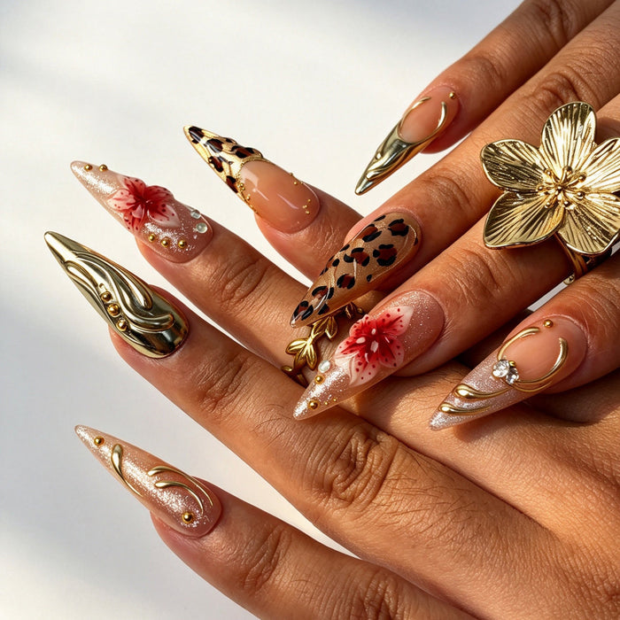 Glam leopard print stiletto press‑on nails Silver Panther hand manicure