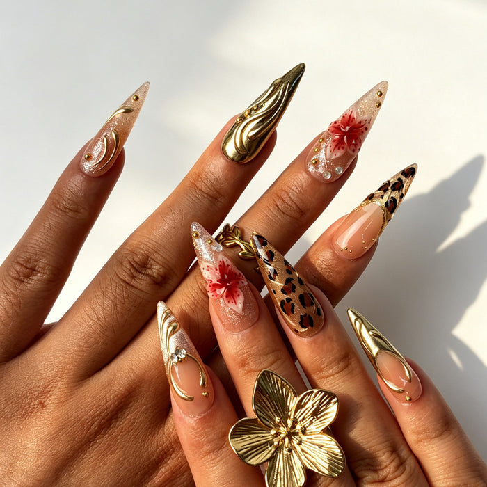 3D silver metal relief concert false nails Silver Panther worn close‑up
