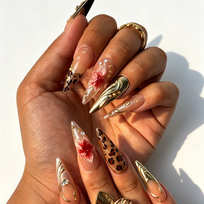 Seamergo Silver Panther sparkly red flower stiletto nails real‑hand shot