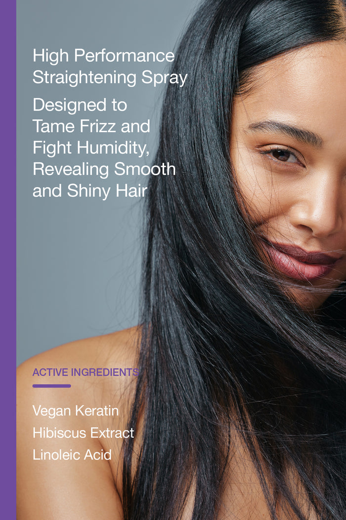 woman smiling with text overlay straightening spray