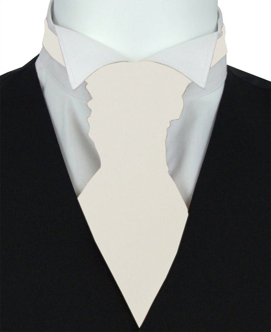 Snowdrop Boys Wedding Cravat in ivory for ages 5-12, shown on a white shirt and black vest. Adjustable neck size 10.5"-14.5".