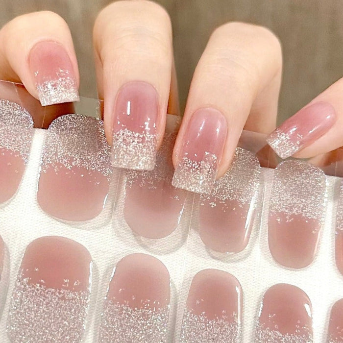 Sparkling Caramel Gel Nail Strips on Hand - Pink French Tips Semicured Nail Stickers