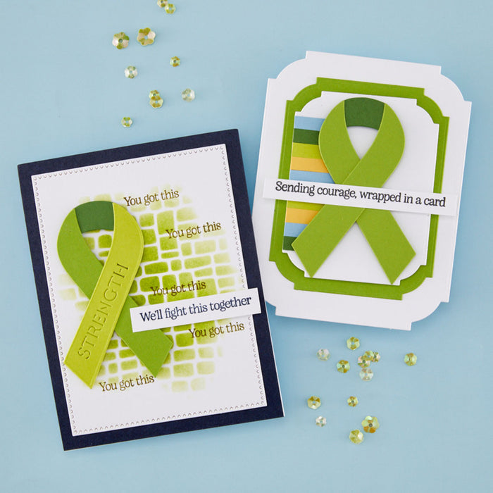 Spellbinders - Clear Stamp & Die Set - Awareness Ribbon and Sentiments. Available at Embellish Away in Bowmanville Ontario Canada. Example by brand ambassador.