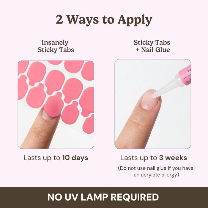 There are two ways to apply EyeCandys Spot the Difference Press-On Nails: Use sticky tabs for up to 10-day wear, or combine sticky tabs and nail glue for salon gel results that last up to 3 weeks—no UV lamp needed.