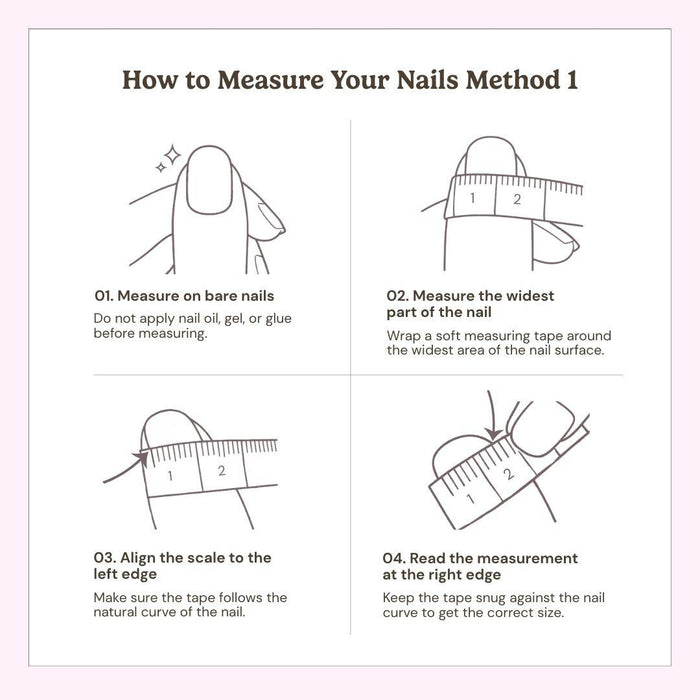 The EyeCandys Spot the Difference Press-On Nails come with a 4-step guide featuring simple illustrations that show how to use a ruler to measure nail width and curve for an accurate fit.
