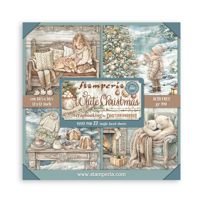 Stamperia - 12X12 Maxi Paper Pad - White Christmas. Includes 22 sheets Single-Sided. Available at Embellish Away located in Bowmanville Ontario Canada.