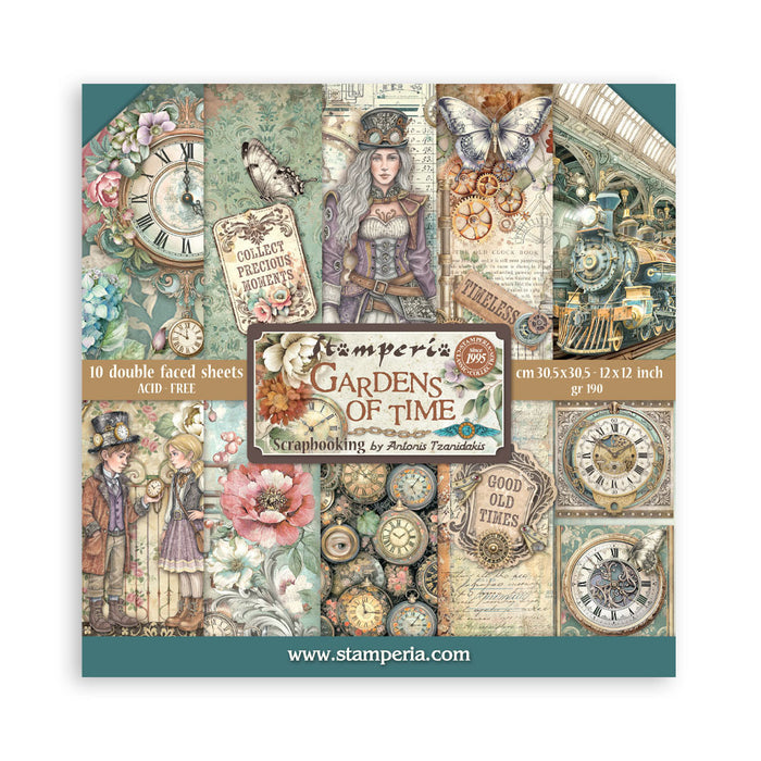Stamperia - 12X12 Paper Pad - Gardens of Time. 10 sheets. Available at Embellish Away located in Bowmanville Ontario Canada.
