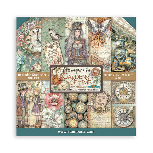 Stamperia - 12X12 Paper Pad - Gardens of Time. 10 sheets. Available at Embellish Away located in Bowmanville Ontario Canada.