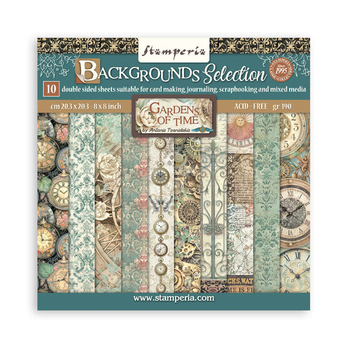 Stamperia - 8"X8" Backgrounds Paper Pad - Gardens of Time. Includes 10 sheets double-sided. Available at Embellish away in Bowmanville Ontario Canada.