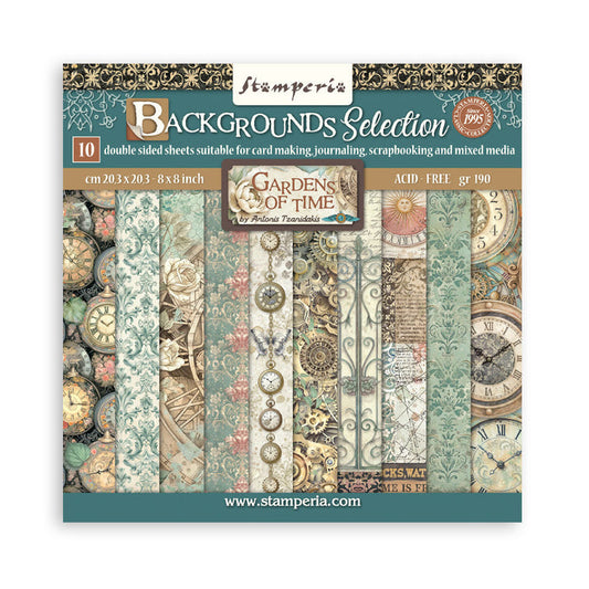 Stamperia - 8"X8" Backgrounds Paper Pad - Gardens of Time. Includes 10 sheets double-sided. Available at Embellish away in Bowmanville Ontario Canada.