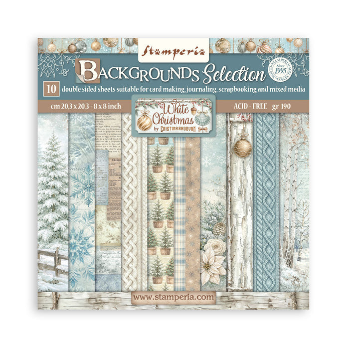 Stamperia - 8X8 Backgrounds Paper Pad - White Christmas. Includes 10 sheets double-sided. Available at Embellish away in Bowmanville Ontario Canada.