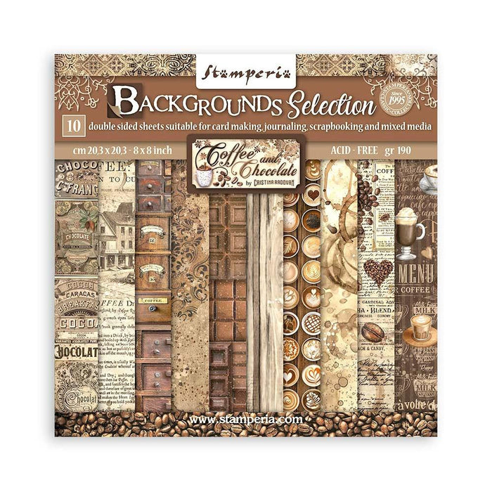 Stamperia - Backgrounds Double-Sided Paper Pad 8"X8" - 10/Pkg - Coffee And Chocolate. All you need for scrapbooking! This package contains ten 8x8 inch sheets of double-sided paper, each in different designs. Acid free. Available at Embellish Away located in Bowmanville Ontario Canada.