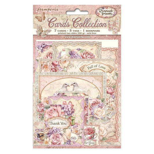 Stamperia - Cards Collection - Romance Forever. A beautiful card collection in a coordinating theme from Stamperia. This package contains the Romance Forever Cards Collection Kit: seven cards, five tags and one bookmark. Available at Embellish Away located in Bowmanville Ontario Canada.