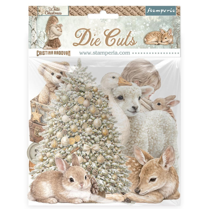 Stamperia - Die cuts - White Christmas. FEATURE: Deer, Christmas Cookies, Christmas Tree. Available at Embellish Away located in Bowmanville Ontario Canada.