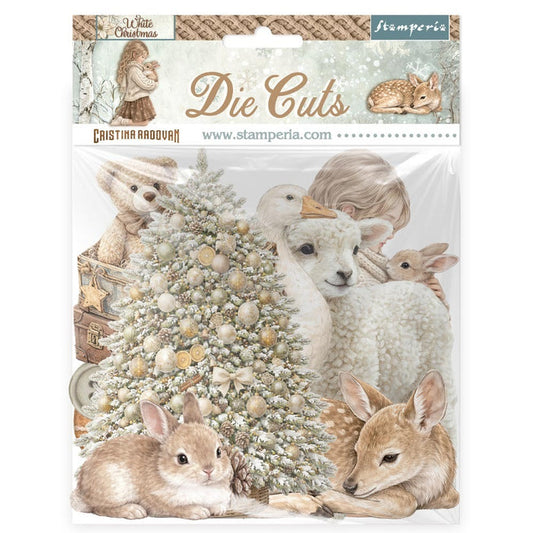Stamperia - Die cuts - White Christmas. FEATURE: Deer, Christmas Cookies, Christmas Tree. Available at Embellish Away located in Bowmanville Ontario Canada.