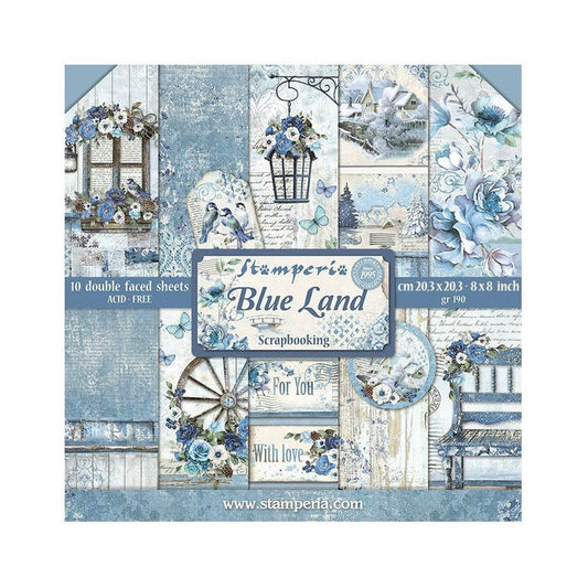 Stamperia - Double-Sided Paper Pad 8"X8" - 10/Pkg - Blue Land. All you need for scrapbooking! Available in a variety of designs, each sold separately. This package contains ten 8x8 inch sheets of double-sided paper, each with a different design. Available at Embellish Away located in Bowmanville Ontario Canada.