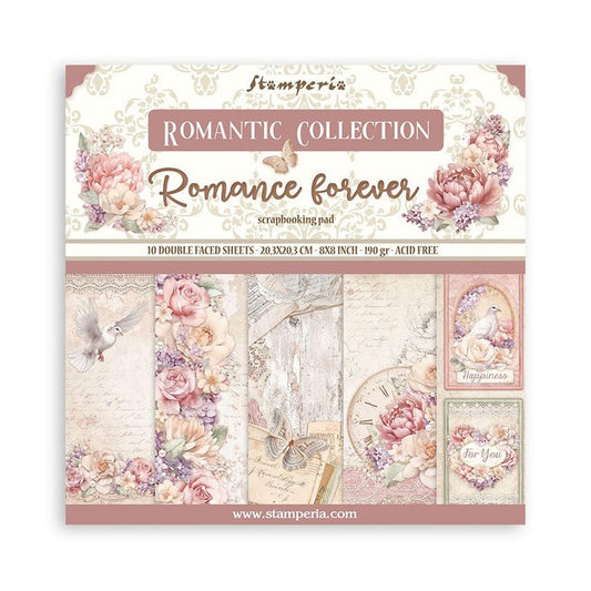Stamperia - Double-Sided Paper Pad 8"X8" - 10/Pkg - Romance Forever. All you need for scrapbooking! This package contains 10 sheets of 8x8 double-sided cardstock. Available in a variety of designs, each sold separately. Acid Free. Available at Embellish Away located in Bowmanville Ontario Canada.