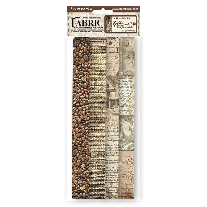 Stamperia - Polyester Fabric 12"X12" - 4/Pkg - Coffee And Chocolate. This fabric can be sewn by hand or machine, or use with craft glue. It can be washed by hand in cold water. Ready to use on greeting cards, mixed media, altered art and more. Available at Embellish Away located in Bowmanville Ontario Canada.